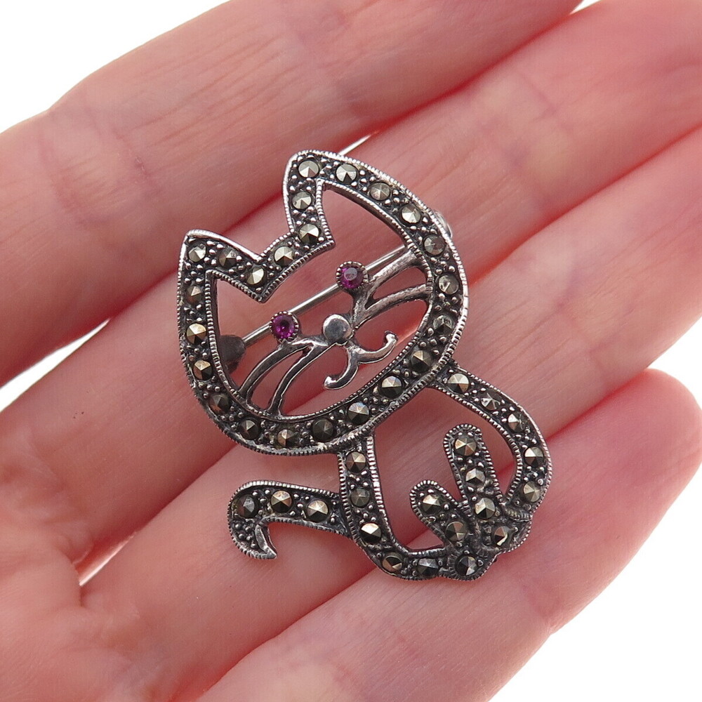925 Sterling Silver Vintage Real Ruby & Marcasite Cat Oxidized Pin Brooch